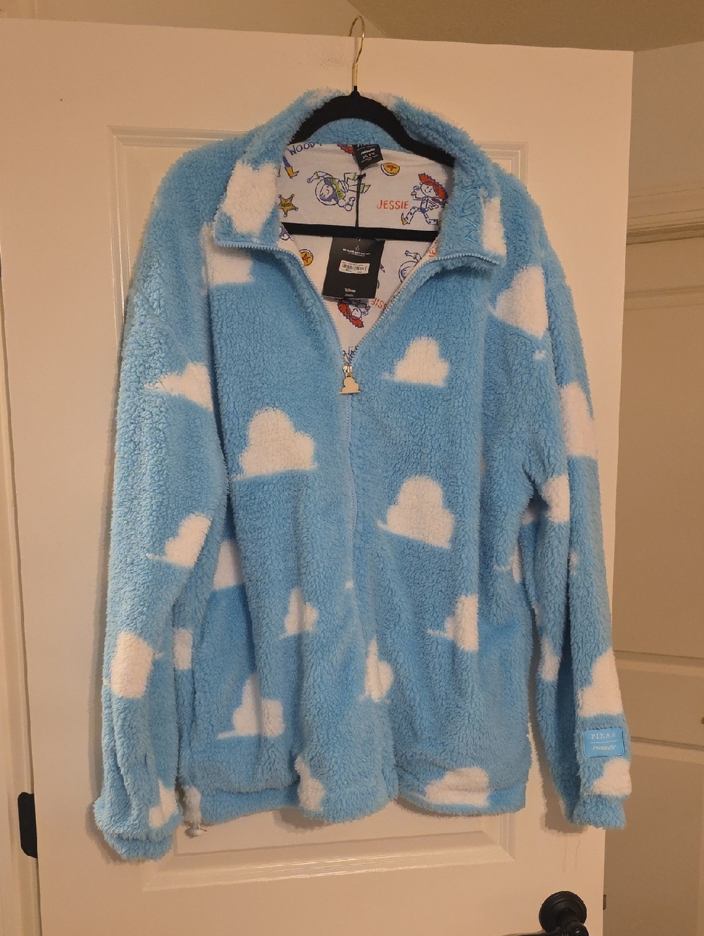 Cozy Cloud Print Fleece Jacket - Light Blue & White